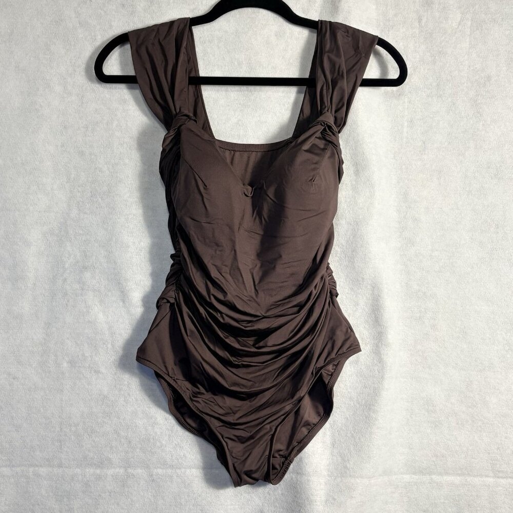 BADGLEY MISHKA Women Draped Ruched Sides One Piece Swimsuit Sz 10 Brown 3-50